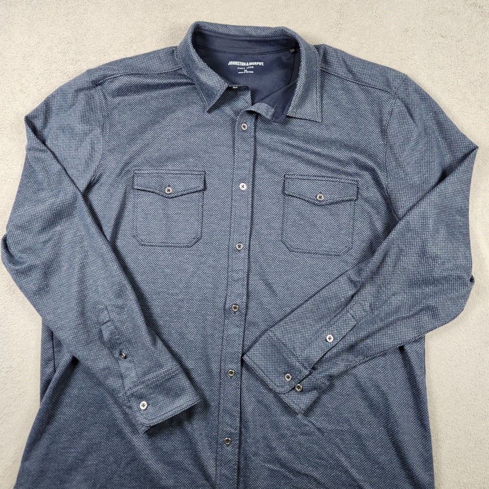 Johnston & Murphy Textured Knit Button Up Shirt Mens XL Blue Long Sleeve 74-4885